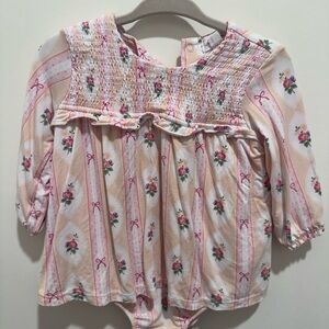Angel Pink and Cream Floral Smocked Baby Dress Bodysuit